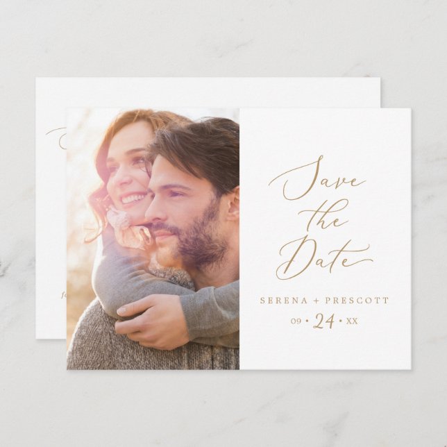 Delicate Gold Calligraphy Photo Save the Date Invitation Postcard (Front/Back)