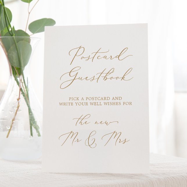 Delicate Gold Calligraphy Postcard Guestbook Pedestal Sign (Creator Uploaded)