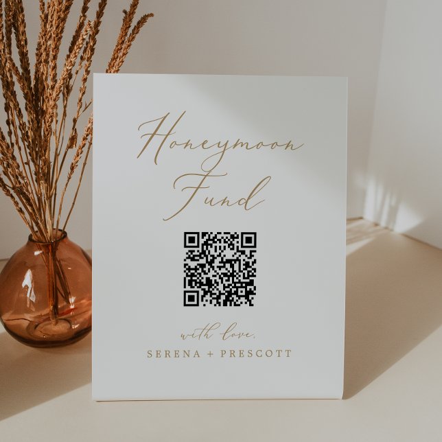 Delicate Gold Calligraphy QR Code Honeymoon Fund Pedestal Sign (Creator Uploaded)