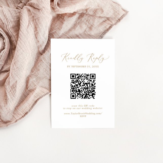 Delicate Gold Calligraphy QR Code Wedding RSVP Enclosure Card (Creator Uploaded)