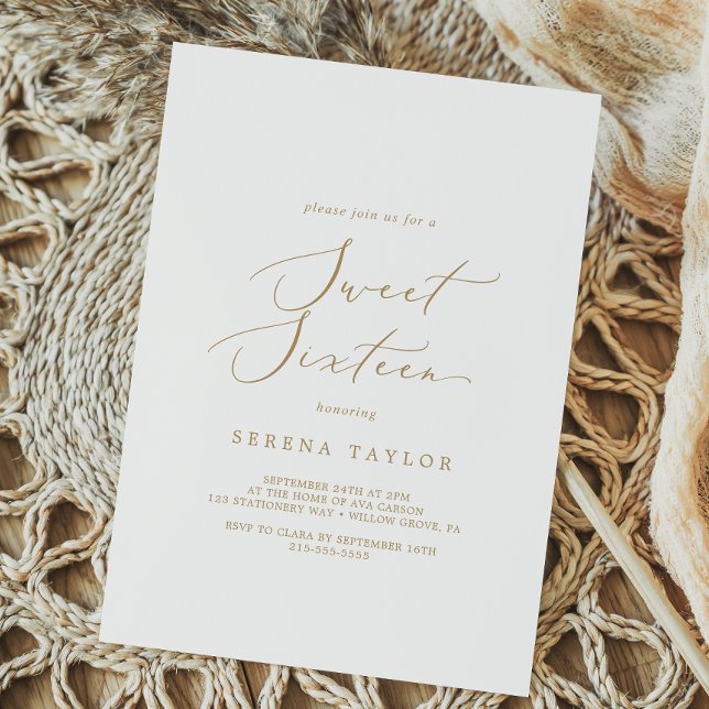 Delicate Gold Calligraphy Sweet Sixteen Birthday Invitation (Creator Uploaded)