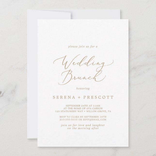 Delicate Gold Calligraphy Wedding Brunch Invitation (Front)