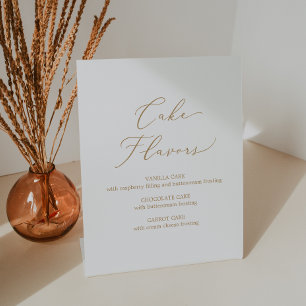 Delicate Gold Calligraphy Wedding Cake Flavours Pedestal Sign