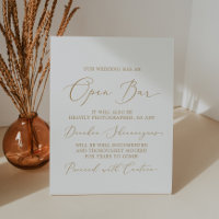 Delicate Gold Calligraphy Wedding Caution Open Bar