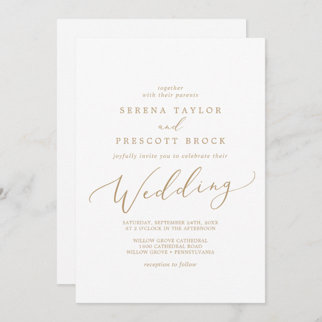 Delicate Gold Calligraphy Wedding Invitation (Front/Back)