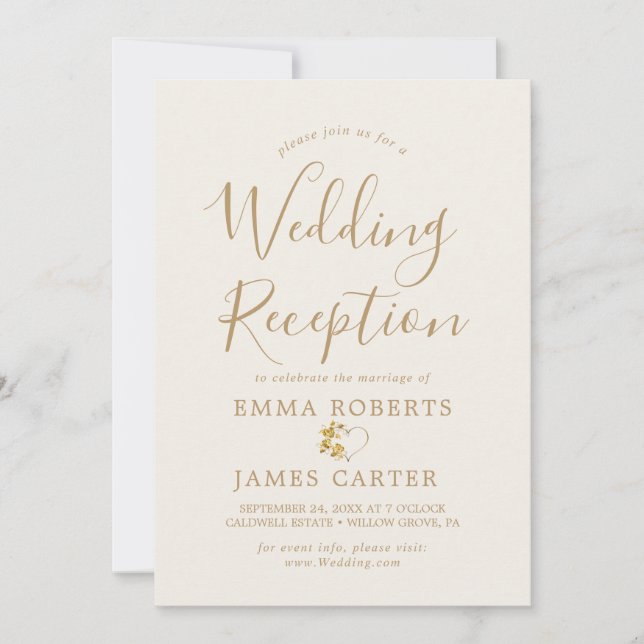 Delicate Gold Calligraphy Wedding Reception  Invitation (Front)