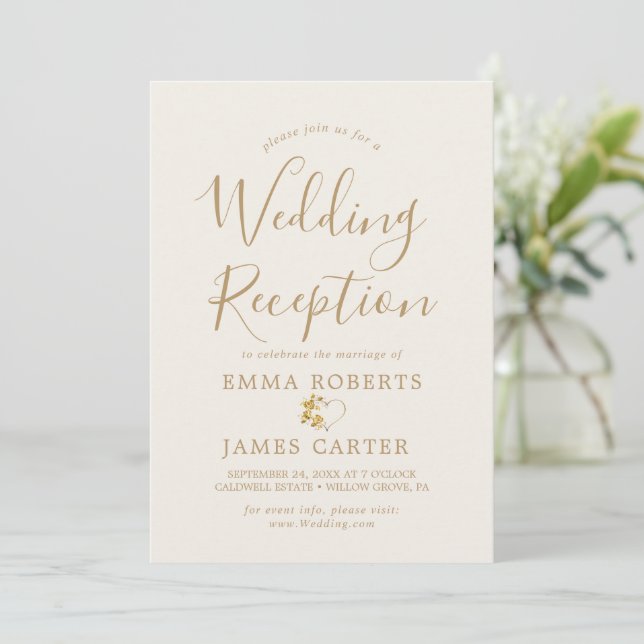 Delicate Gold Calligraphy Wedding Reception  Invitation (Standing Front)
