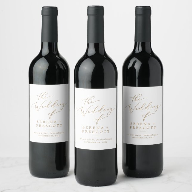 Delicate Gold Calligraphy Wedding Wine Label (Bottles)
