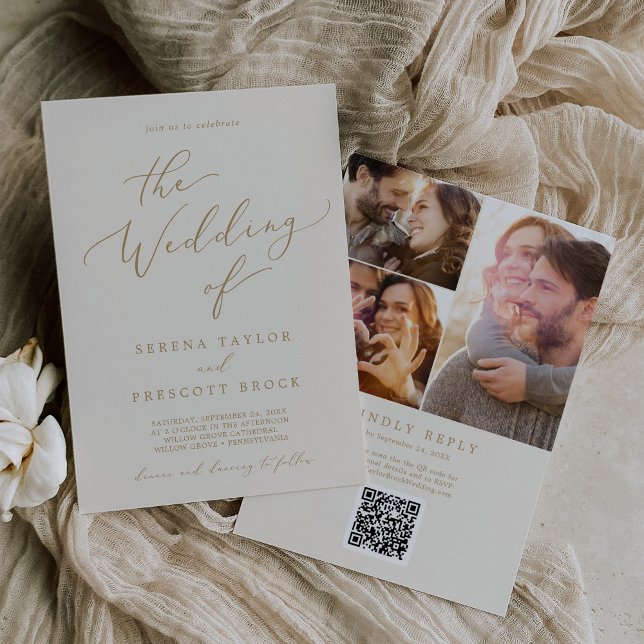 Delicate Gold Cream Photo Collage QR Code Wedding Invitation (Creator Uploaded)