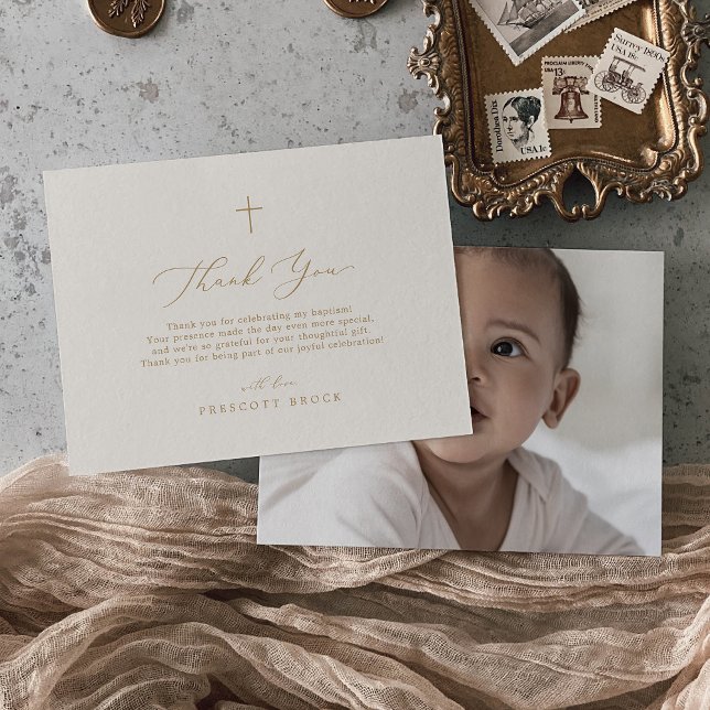 Delicate Gold Cream Photo Modern Cross Baptism Thank You Card (Delicate Gold Cream Photo Modern Cross Baptism Thank You Card)