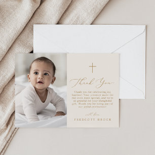 Delicate Gold Cream Photo Simple Cross Baptism Thank You Card