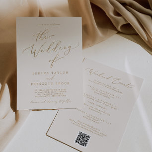 Delicate Gold Cream Weekend Events QR Code Wedding Invitation