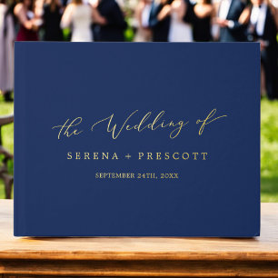 Delicate Gold Foil Navy Blue Monogram Back Wedding Guest Book