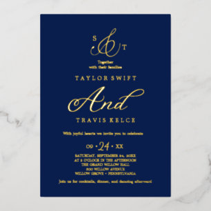 Delicate Gold Foil   Navy Formal Monogram Wedding 