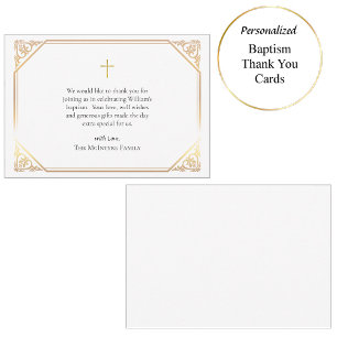 Delicate Gold Frame Pink Roses Catholic Baptism Thank You Card