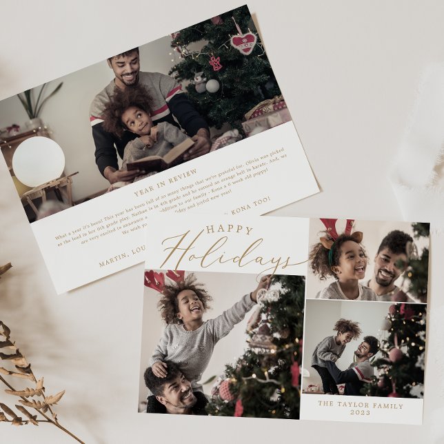 Delicate Gold Happy Holidays 4 Photo Newsletter Holiday Card (Creator Uploaded)