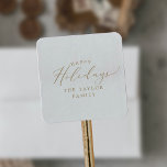 Delicate Gold Happy Holidays Holiday Gift Square Sticker<br><div class="desc">These delicate gold happy holidays holiday gift stickers are perfect for a modern holiday present or holiday card. The romantic minimalist design features lovely and elegant champagne golden yellow typography on a white background with a clean and simple look. Personalise the stickers with your name.</div>