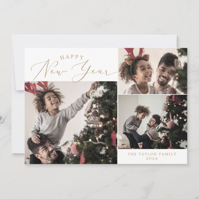 Delicate Gold Happy New Year 4 Photo Family Holiday Card (Front)