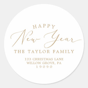 Delicate Gold Happy New Year Return Address Classic Round Sticker