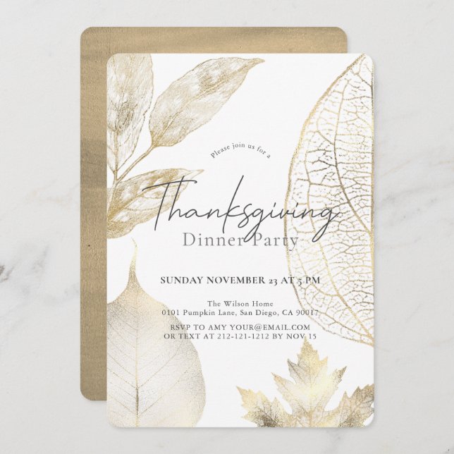 Delicate Gold Leaves Thanksgiving Dinner Invitation (Front/Back)