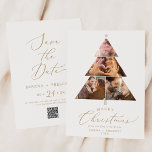 Delicate Gold Marry Christmas Tree Photo Holiday Save The Date<br><div class="desc">This delicate gold marry Christmas tree Photo holiday save the date card is the perfect simple holiday greeting. The romantic minimalist design features lovely and elegant champagne golden yellow typography on a white background with a clean and simple look. Personalise the front of the card with 4 photos, your names...</div>