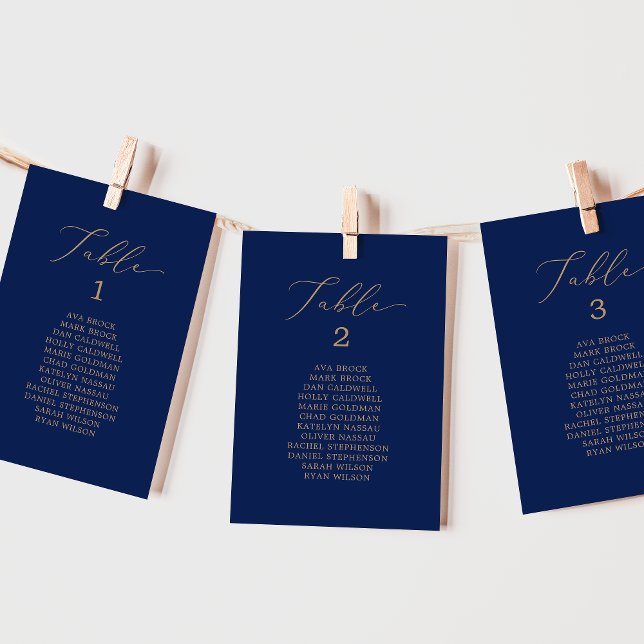 Delicate Gold Navy Table Number Seating Chart Card (Creator Uploaded)