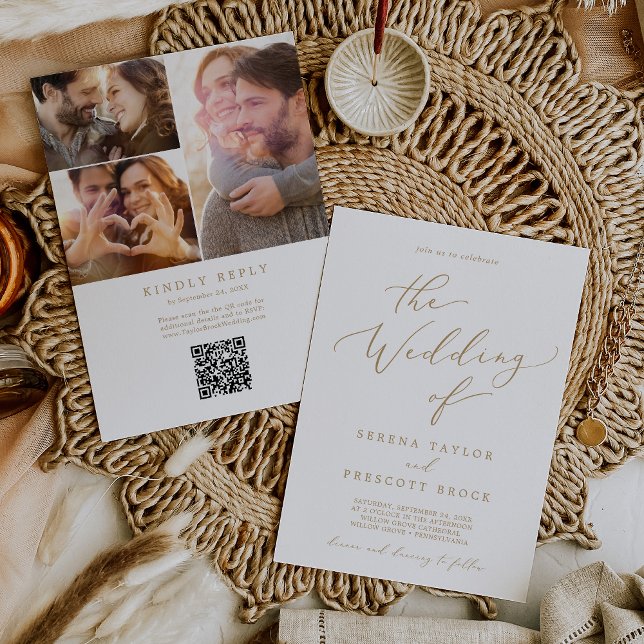 Delicate Gold Photo Collage QR Code Wedding Invitation (Creator Uploaded)