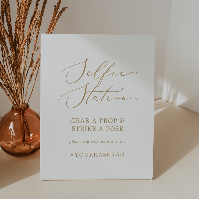 Delicate Gold Selfie Station Wedding Hashtag Pedestal Sign (Creator Uploaded)