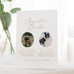 Delicate Gold Wedding Dog Photo Signature Drinks Pedestal Sign<br><div class="desc">This delicate gold wedding dog photo signature drinks pedestal sign is perfect for a modern wedding. The romantic minimalist design features lovely and elegant champagne golden yellow typography on a white background with a clean and simple look.</div>