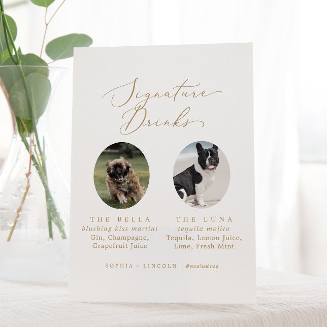 Delicate Gold Wedding Dog Photo Signature Drinks Pedestal Sign (Creator Uploaded)