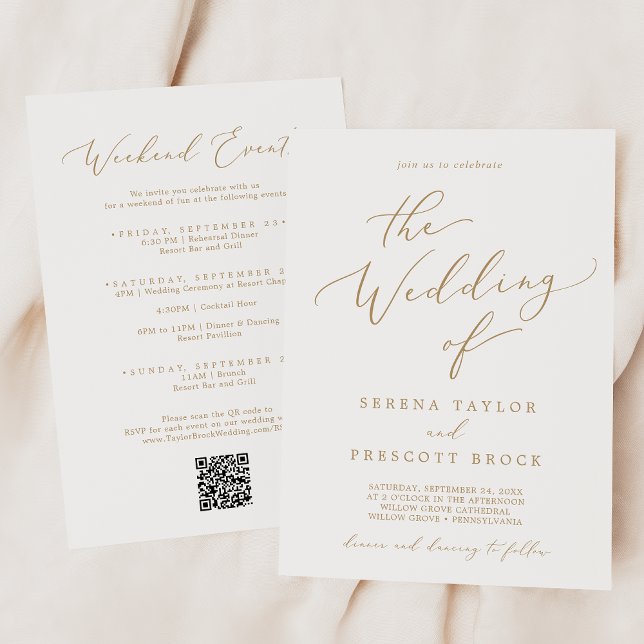 Delicate Gold Weekend Events QR Code Wedding Invitation (Creator Uploaded)