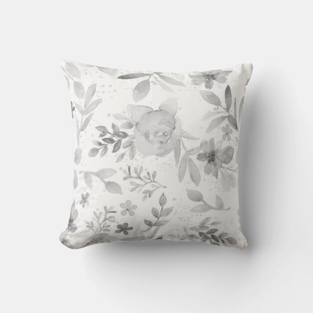 Delicate Gray Watercolor Floral Pillow (Front)