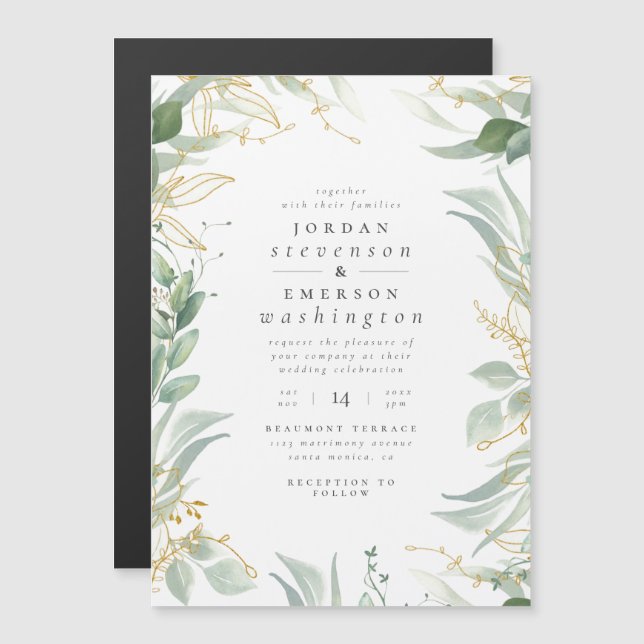 Delicate Green Leaves & Gold Branches Wedding Magnetic Invitation (Front/Back)