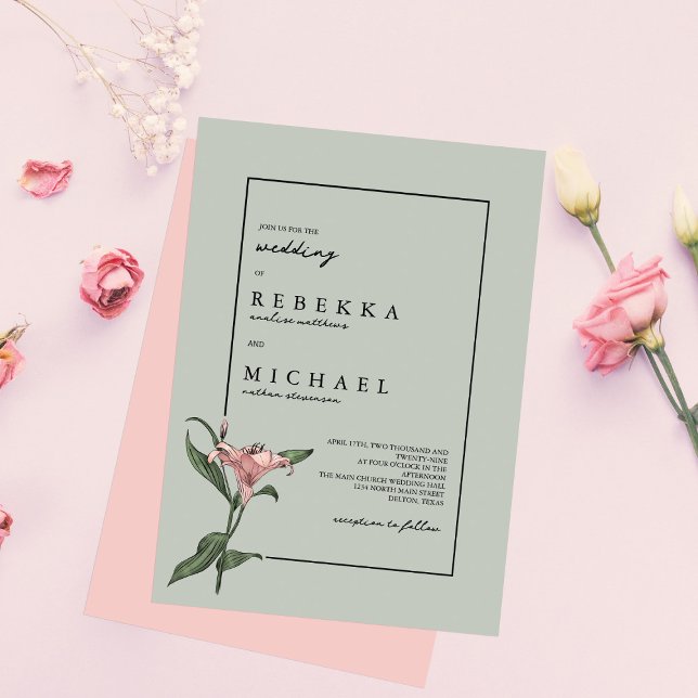 Delicate Green Pink Lily Spring Flower Wedding Invitation (Creator Uploaded)
