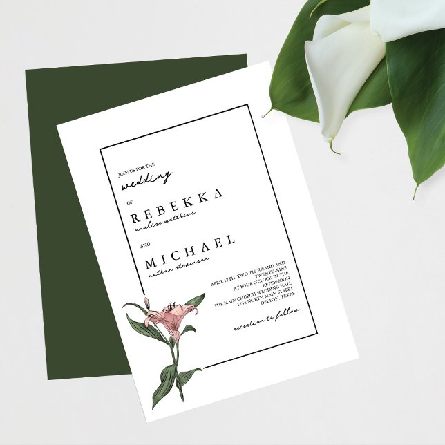 Delicate Green Pink Lily Spring Flower Wedding Invitation (Creator Uploaded)