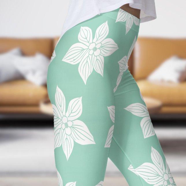 Delicate Green Teal Floral Bloom Pattern Leggings (Teal in Bloom)