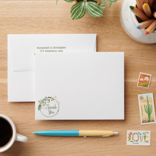 Delicate Greenery and Floral Ring Personalised Envelope (Desk)
