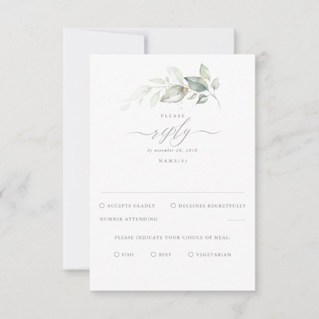 Delicate Greenery and Gold Wedding RSVP Card (Front)