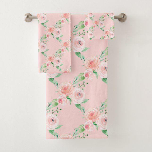 Delicate Greenery Pink Rose Bath Towel Set (Insitu)