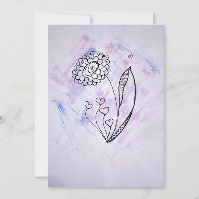 Delicate Hand-Drawn Flower with Hearts  Holiday Card (Front)
