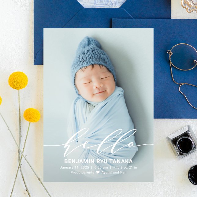 Delicate Hello Modern Baby Birth Announcement (Creator Uploaded)