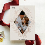 Delicate Holly | Elegant Photo Rose Gold<br><div class="desc">A modern and elegant holiday card that frames your vertical or portrait oriented photo in a beautifully detailed diamond shaped rose gold foil frame with holly leaves, berries, and winter leaves. "JOY" appears at the top left, with your family name along the bottom. The year is tucked elegantly into the...</div>