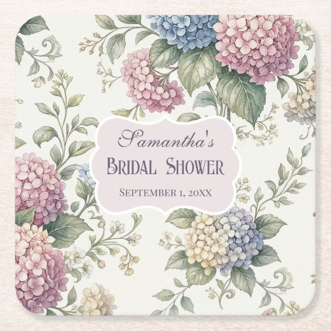 Delicate Hydrangea Flowers Bridal Shower Square Paper Coaster (Front)