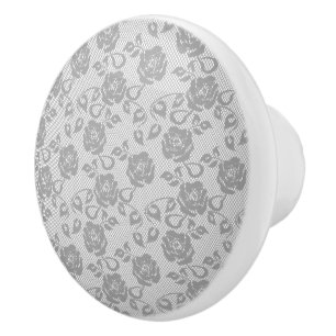 Delicate Ivory Grey Floral Lace Pattern Ceramic Knob