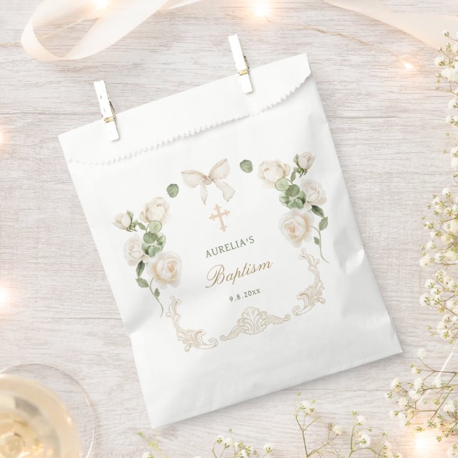 Delicate Ivory Roses Frame Baptism Favour Bags (Clipped)