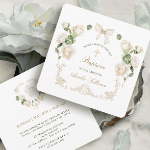 Delicate Ivory Roses Frame Baptism Small Invitation