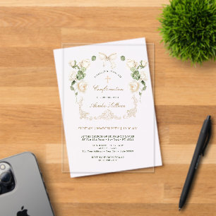 Delicate Ivory Roses Frame Confirmation Acrylic Invitations