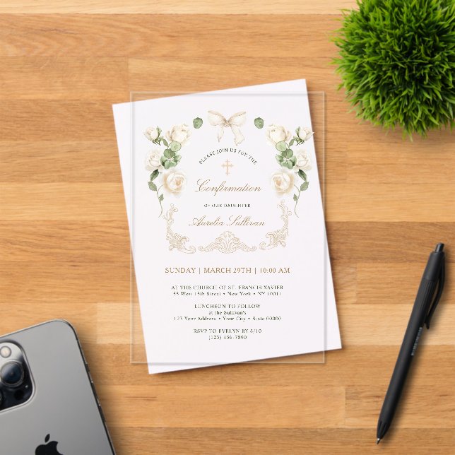 Delicate Ivory Roses Frame Confirmation Acrylic Invitations (Insitu (Invitation Card))