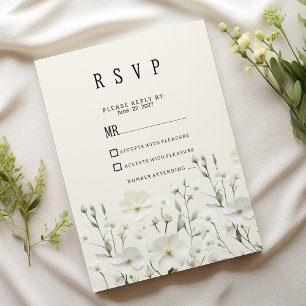 Delicate ivory white floral arrangement RSVP  Invitation