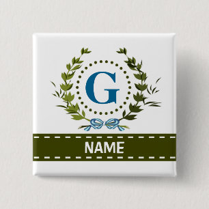 Delicate Ivy Wreath and Bow Name with Monogram G 15 Cm Square Badge